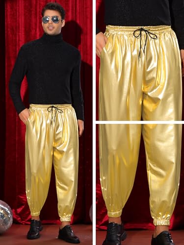 Lars Amadeus Shiny Pants for Men's Elastic Waist Nightclub Party Disco Metallic Pants4