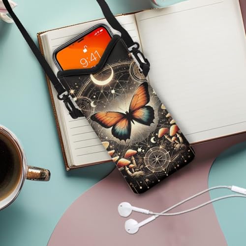 Image of Shockproof Phone Bag Smartphone Purse Neoprene Crossbody Cellphone Pouch with Detachable Adjustable Strap Water-Resistant for Phone, Keys, Lipstick, Butterfly Mushroom Moon Star Black