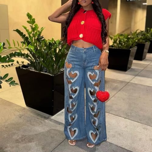Women's Fashion Sexy Jeans Hollow Out Heart Ripped High Waisted Straight Leg Pants4