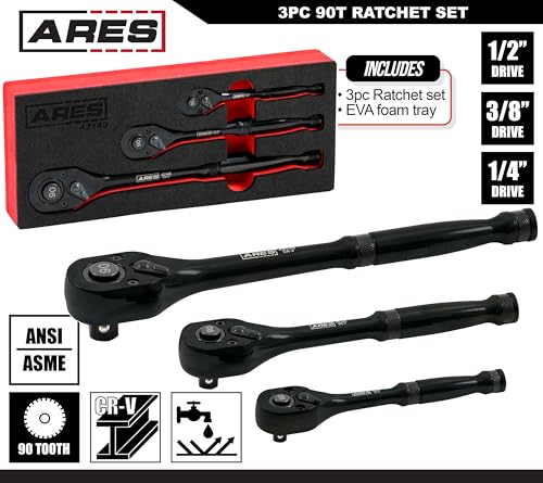 Image of ARES 42143-3-Piece 90 Tooth Ratchet & Socket Set, 1 /4, 3 /8, 1 /2 Drive | Chrome Vanadium Steel, Black Oxide Finish, Quick Release, Reversible, 4 Degree Swing, SAE Automotive Mechanic Tool Kit