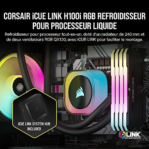 CORSAIR iCUE Link H100i RGB Liquid CPU Cooler - 240mm AIO - Ventilateurs QX120 RGB - Convient à Intel® LGA 1700, AMD® AM5 - Hub Système iCUE Link Inclus - Noir