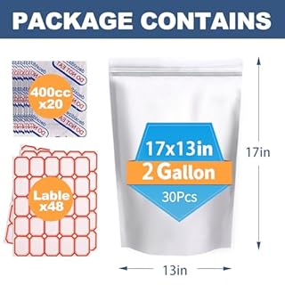 NexLevVac 30PCS 2Gallon 17"X13" Mylar Bags for Food Storage with Oxygen Absorbers&Lables,10 Mil Thick Resealable Stand-Up Zipper&Heat Sealable Bags for Long Term Food Storage,Dried Food