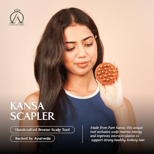 Image of Lusso Kansa Head Scalp Massager & Body Stimulator | Bronze Head Massager Tool for Natural Hair Growth, Stress Relief & Detox | Handmade Kansa wand Massage Tool with Wooden Handle (Natural)