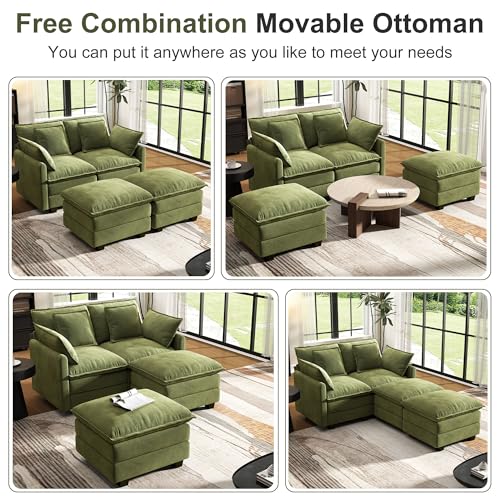 Image of 58 inch Cloud Couch Sectional Modular Sofa, Deep Seat Couches with Ottoman and Removable Washable Pillows for Living Room, Bedroom, Apartment, Green