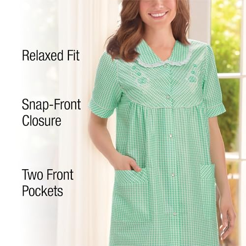 Collections Etc Gingham Robe with Floral Accents, Snap-Front Closure and Lace Trim4