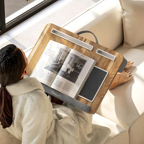 HOMCOM Soporte para Ordenador Portátil con Cojín Soporte Portátil con Ranura para Tableta Almohadilla para Mouse Reposamuñecas Mesa para Cama para Hogar Oficina 55,5x37x9 cm Roble - imagen 6