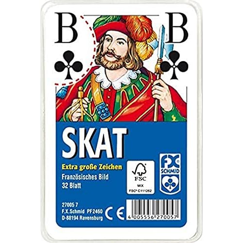 Ravensburger Spielkarten 27005 - Klassisches Skatspiel, Französisches Bild mit großen Eckzeichen, 32 Karten in Klarsicht-Box
