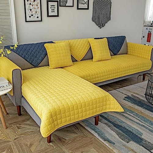 ZBYY Housse de coussin de canapé d'angle 3/2/1/4 places en forme de L - En velours épais - Antidérapante - Réversible - Matelassée - Lavable - Jaune - 70 x 70 cm