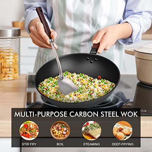 Carbon Steel Wok Pan - 13” Wok Pan With Lid, Woks & Stir-Fry Pans, No Chemical Coated Chinese Wok With 4 Cookware Accessories Flat Bottom Wok For Induction, Electric, Gas, All Stoves #TOP6