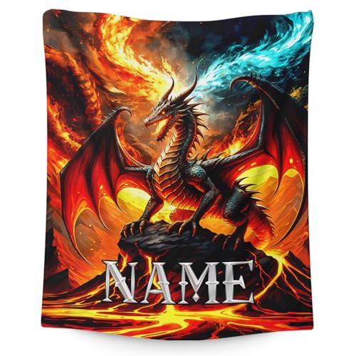 GiftRomance Personalisierte Jungen-Decke mit Name – Coole Drachen Motivdecke, Weiche Flanell-Fleecedecke mit Fantasy-Design, Kuscheldecke Geschenk für Kinder & Teenager