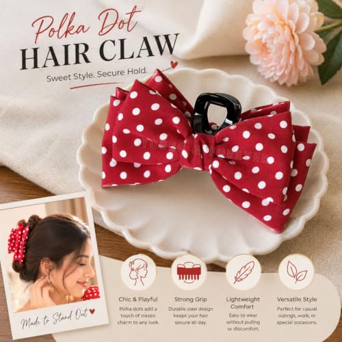 Image of Young & Forever Oversized Polka Dot Bow Hair Claw Clip for Women & Girls - Stylish Red & White French Barrette Hair Accessory for Long & Thick Hair - Elegant Retro Party & Casual Hair Clip