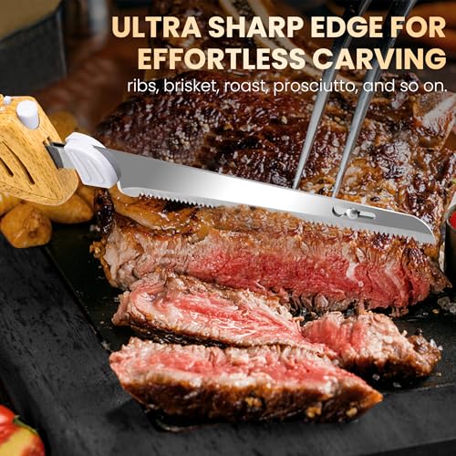 Prikoi Cordless Electric Knife, Easy-Slice Serrated Edge Blades for Carving Turkey, Bread, Fillet, DIY, Ergonomic Handle + 2 Blades