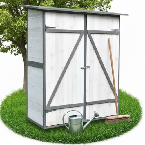 Melko Gartenschrank mit Pultdach und Doppelflügeltür Weiß/Grau Holz Gerätehaus 162 x 140 x 75 cm, inkl. Regal