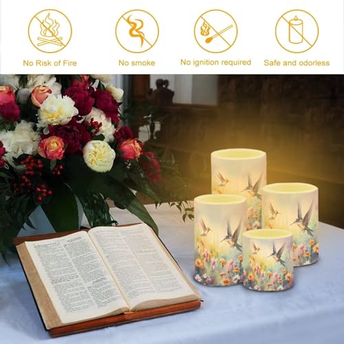Image of Flameless Candles Battery Powered LED Candles with Remote Timer Color Changing Control Long Lasting for Indoor Outdoor Home Decoration Set of 4, Hummingbird Daisy Purple