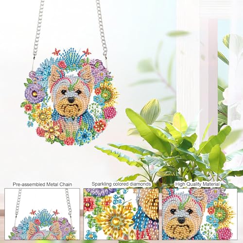 Image of Floral Wreath Dog Diamond Painting Hanging Kit - DIY Acrylic Pendant Ornament with 5D Special Shaped Rhinestones, Cute Puppy Art Board for Wall, Door, or Garden Decor, Creative Handmade Gift