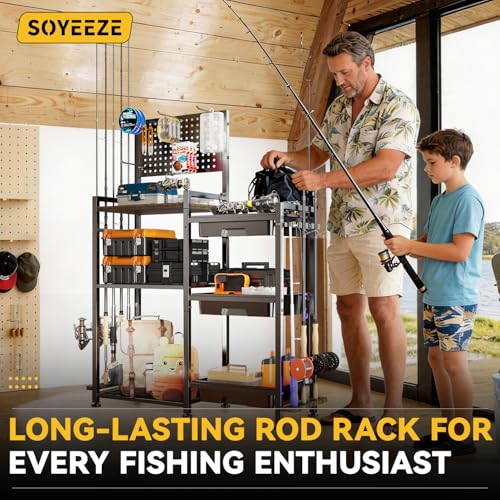 Image of SOYEEZE Fishing Rod Holders for Garage, 3 Storage Boxes for Reels & Fishing Accessories, 10 Rod Capacity Fishing Pole Holder with Pegboard, and 3-Tier Shelf for Tackle Box, Fishing Gear Organizer