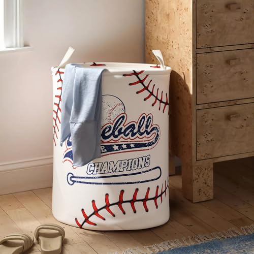 Image of 2Pcs Basketball Cute Kids Laundry Basket Baby Nursery Hamper Boys Room Decor Foldable Oxford Cloth Funny Tote Clothes Storage Bucket Organizer For Bedroom (Baseball)