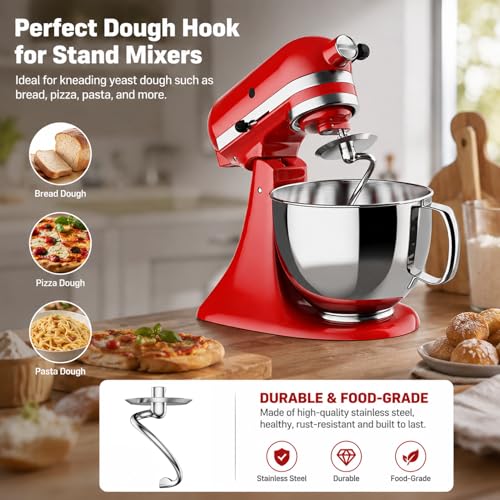 Image of Stainless Steel Spiral Dough Hook for KitchenAid 4.5QT & 5QT Tilt-Head Mixers - Dough Hook Kitchen Aid Accessories and Attachments, Kneading Hook for Bread, Pizza, Pasta, Cookies
