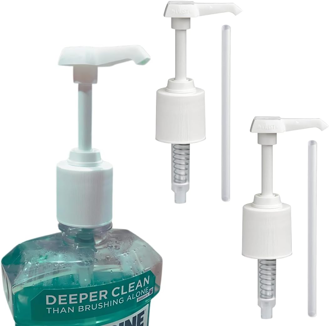 2-Pack Mouthwash Dispenser Pumps Compatible with 1 to 1.5 Liter Listerine Bottles, White, Mouthwash Pump Dispenser
