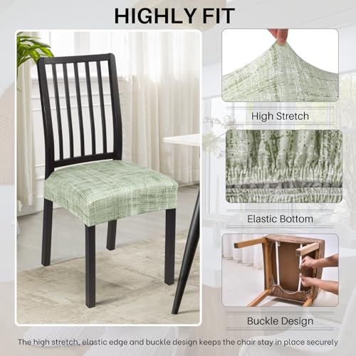 Image of Stretch Dining Chair Seat Covers Set of 4, Soft Removable Washable Seat Covers for Dining Chairs, Dining Room Seat Cover Protector (Rear-Covered, Green Linen-Look Print)