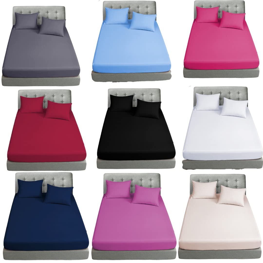 Polycotton Non Iron Plain Bed Sheet Small Double Fitted Sheet - Soft Percale Quality Fabric 4Ft Fitted Sheet, 16" Extra Deep Bedding (Sky Blue)