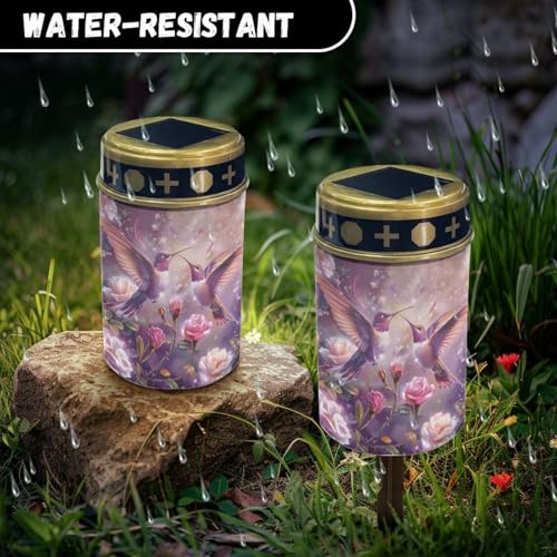 Image of Hummingbird Purple Rose Cemetery Solar Lights Water Resistant LED Flameless Candle Grave Lights Solar Powered Grave Decor Light for Prayer 2 Pcs