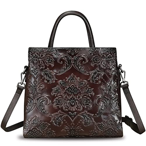 Image of Genuine Leather Satchel for Women Top Handle Handbag Handmade Embossed Vintage Satchel Crossbody Handbags Purse Bag