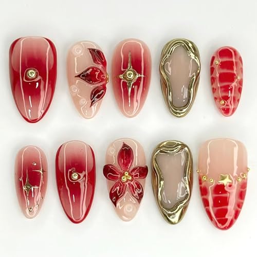 24pcs Smudging Hand-painted 3D Flower Press On Nails Medium Almond Fake Nails with Wine-red French Style Handmade Nails Tips with Flowers Design Cute Stick on Nails Sets for Woman