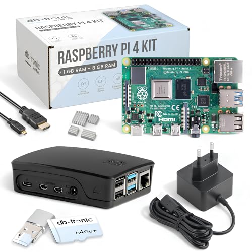 db-tronic Raspberry Pi 4 4 GB Starter Set | 64 GB Black Edition | Power Supply 15 W | Black Housing | Heat Sink Set | 4K Micro HDMI Cable | Ideal for Smart Home Retro Gaming & Home Assistant