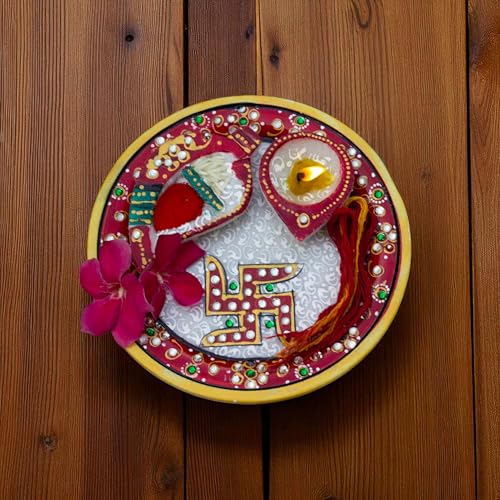 Marble Pooja Thali with Meenakari Work – 6 Inch Decorative Thali, Diya, Roli-Chandan Holder, Kalawa Set for Mandir Aarti, Grih Pravesh, Diwali & Festival Gift (6inch)