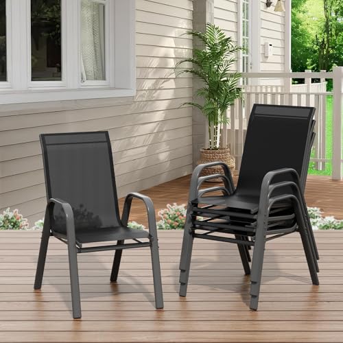 RBFGYIOP Sedie impilabili da giardino in metallo e textilene – Resistenti ad agenti atmosferici e ruggine – Schienale alto, struttura solida – Set 4 per terrazza, balcone, giardino – Colore: Black