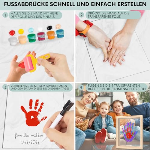 HuBorns - Fußabdruck Baby Set und für die Ganze Familie mit Platz für 4 Familienmitglieder, Rahmen zum Malen Handabdruck Baby, Handabdruck Set Familie, Ideal als Baby Geschenk