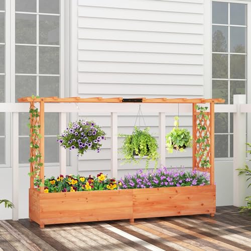 HAPPYGRILL-Raised-Garden-Bed-with-Trellis-Freestanding-Wood-Planter-Box-wHanging-Roof-8-Drainage-Holes-for-Vine-Climbing-Plants-Flowers-Outdoor-Planter-with-Trellis-for-Garden-Patio-Yard HAPPYGRILL Raised Garden Bed with Trellis Freestanding Wood Planter Box wHanging Roof 8 Drainage Holes for Vine Climbing Plants Flowers Outdoor Planter with Trellis for Garden Patio Yard