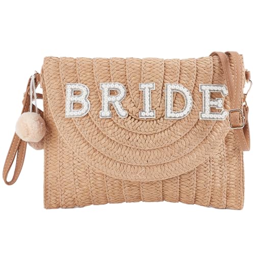Image of GORGECFAFT Bride Straw Shoulder Bag Woven Clutch Bag Summer Beach Crossbody Handbags with Two Balls Woven Rhinestone Wedding Vacation Purse Honeymoon Bridal Shower Gift for Bride Party Honeymoon