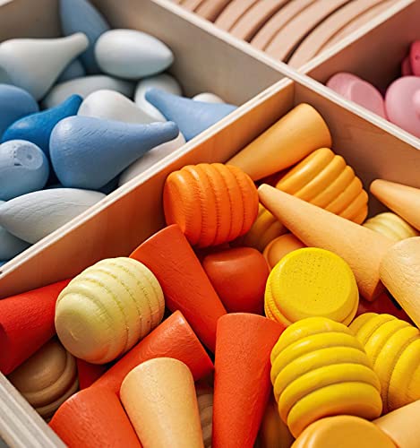 MIKNEKE 81 Wooden Loose Parts Sensory Bin Filler Toys, Mandala Rainbow Stacker Open Ended Toys, 27 Colors Sensory Training Educational Toys
