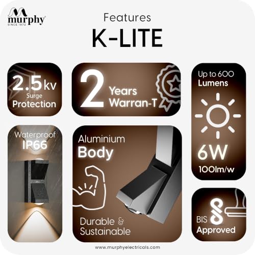 Image of Murphy K-LITE Double Ray Wall Light Pack of 10 | IP66 Waterproof | Up to 600 Lumens | 2 Years Warranty | BIS Approved | 2.5kV Surge Protection | Up Down Light for Gate, Balcony & Garden