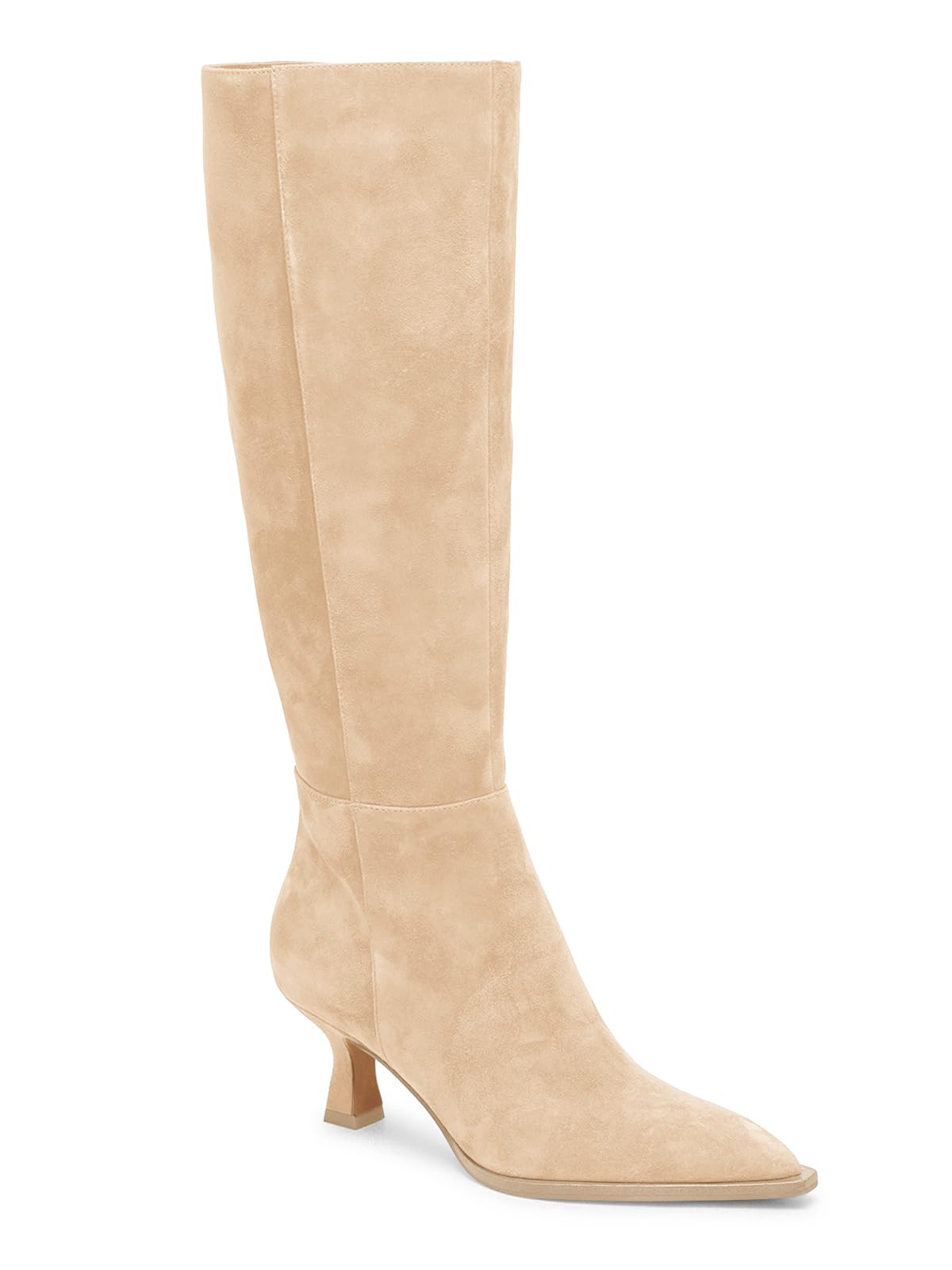 Coutgo Womens Knee High Boots Kitten Low Heel Pointed Toe Tall Boots Side Zipper Winter Dress Shoes
