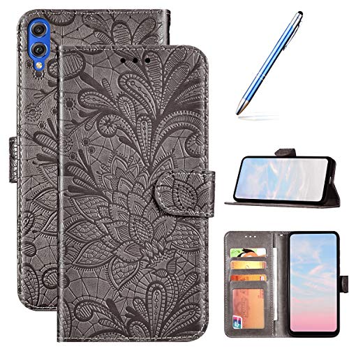 Robinsoni Case Compatible with Huawei Honor 8X Phone Case Wallet Case Leather Phone Cover Shockproof Kickstand Case Notebook Cover Flip Stand Book Style Case Heavy Duty Case Lace Flower Grey
