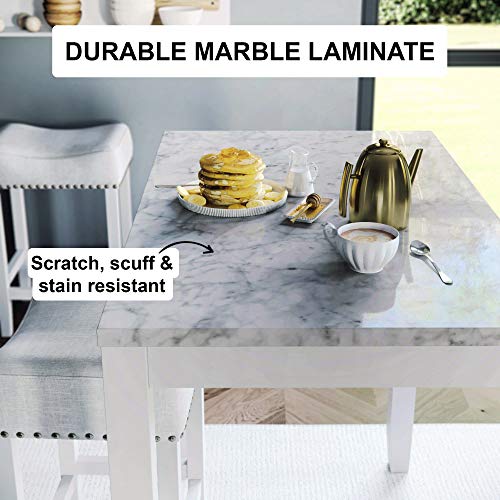 Nathan James Viktor 3 Piece Dining Set, Heigh Kitchen Counter Pub Or Breakfast Table With Marble Top And Fabric Wood Base Seat, Light Gray/White #TOP5