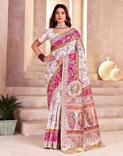 Image of SIRIL Women's Silk Kashmiri Minakari Jacquard Saree With Unstitched Blouse Piece