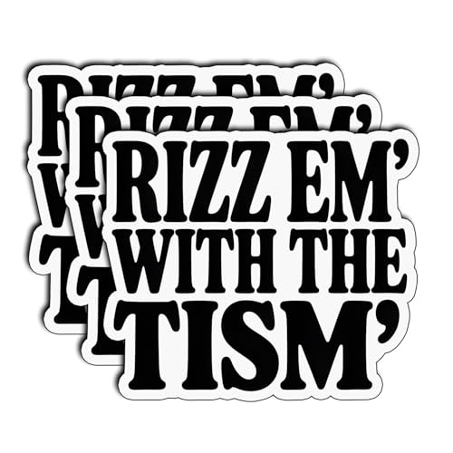 (3Pcs) Rizz Em with The Tism Stickers Funny Sarcastic Quote Humor Motivational Inspirational Gifts Waterproof Vinyl Decals for Kindle Water Bottle Bumper Car Hard Hat Phone Laptop 3x2.6