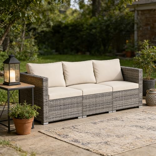 GIANTEX Ensemble Canapé de Jardin 3 Pièces, Canapé Extérieur en Rotin PE, Coussins Rembourrés,...