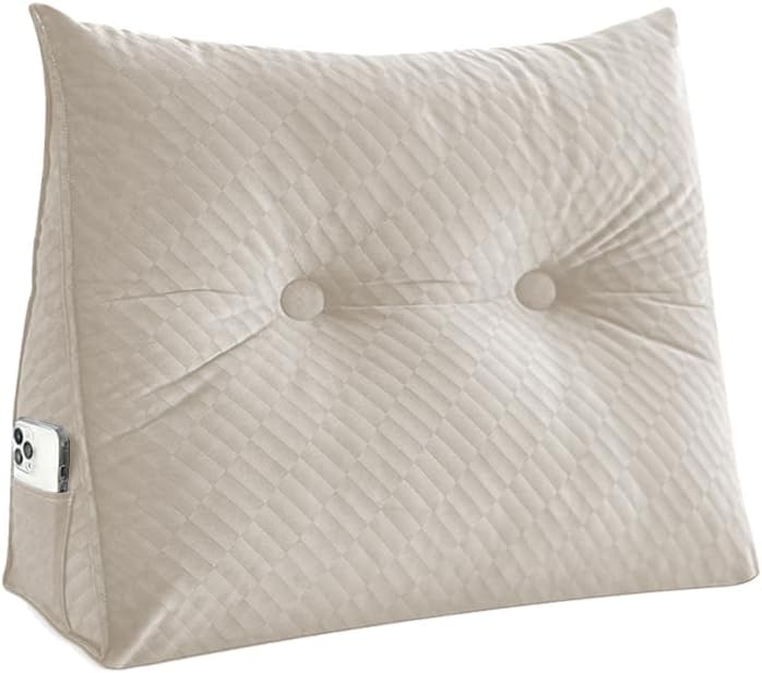 Velvet Triangular Headboard Wedge Pillow, Removable Cover Headboard Pillow Daybed Bunk Bed, Backrest Positioning Support Pillow Cushion Resting Reading (Beige, Small(24 * 20 * 8in))