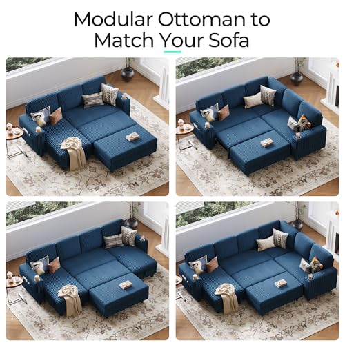 Image of LINSY HOME Sectional Sleeper Sofa Storage Ottoman Bench, Convertible Coffee Table Plush Corduroy Couch Ottoman Footstool for Living Room, Bedroom Entryway and Family Room, Blue