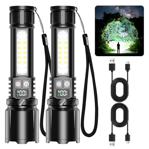 Shadowhawk 2 Pack LED Torch Rechargeable Super Bright 2200LM Flashlight with COB Light - Compact & 7-Mode (Built-in Battery) Dual Switch & One-Click On/Off for Camping/Dog Walking/Emergency