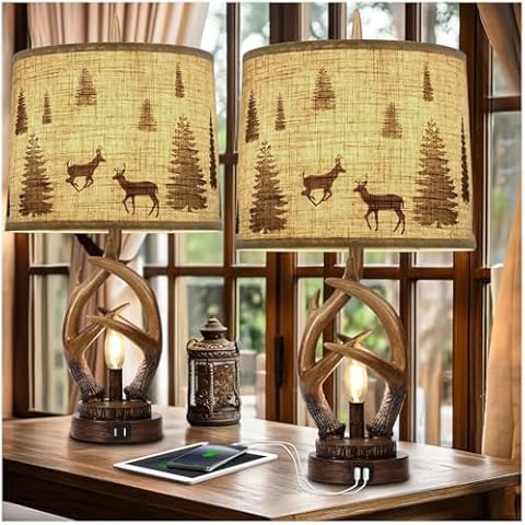 Scenekoy Rustic Farmhouse Antlers Table Lamp Set of 2 with Nightlight Dual USB Ports Linen Fabric Round Shade Bedside Lamp Decor for Living Room Bedroom Office House Cover
