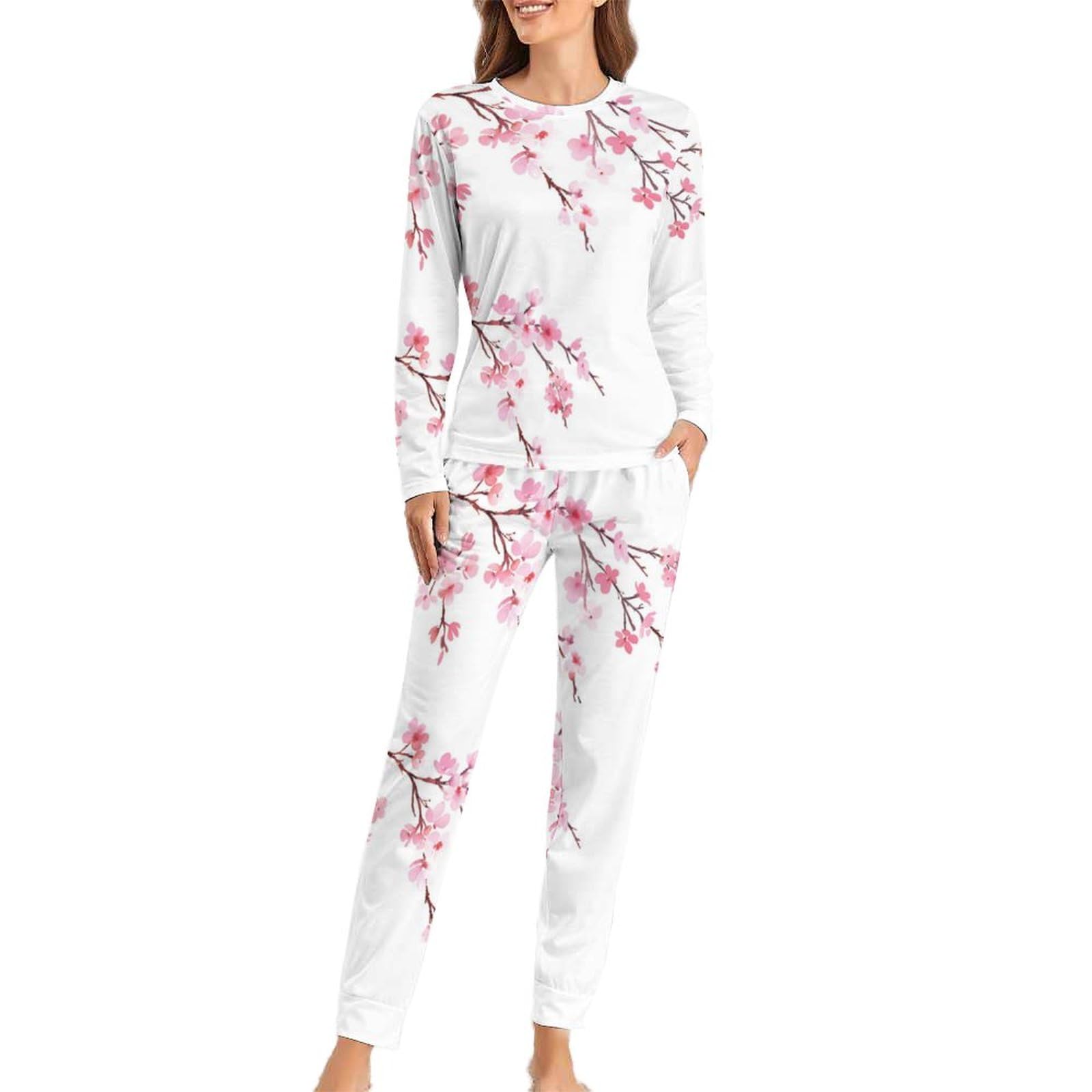 Mhyrac Women's Cherry Blossoms Woman's Crew Neck Pyjamas Set, Pyjamas For Pajamas With Pockets