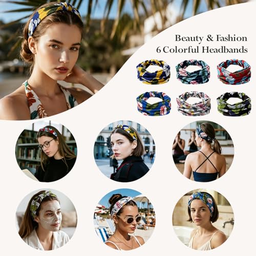Image of HSEM Headbands for Women 6-Pack - Boho Flower Wide Head Bands, Non-Slip Thick Hair Bands - Large Knotted Soft Stretchy Sweatbands for Workout, Washing Face, Makeup, Running, Spa & Yoga