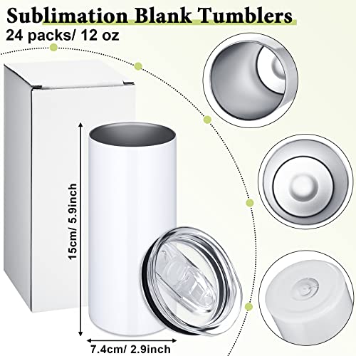 24 Pack 12 Oz Sublimation Blanks Tumbler Bulk Stainless Steel Straight Skinny Slim Tumblers With Lids Double Wall Vacuum Insulated Travel Mug Cups Water Tumbler For Diy Gift Coffee Tea Beverages #TOP1