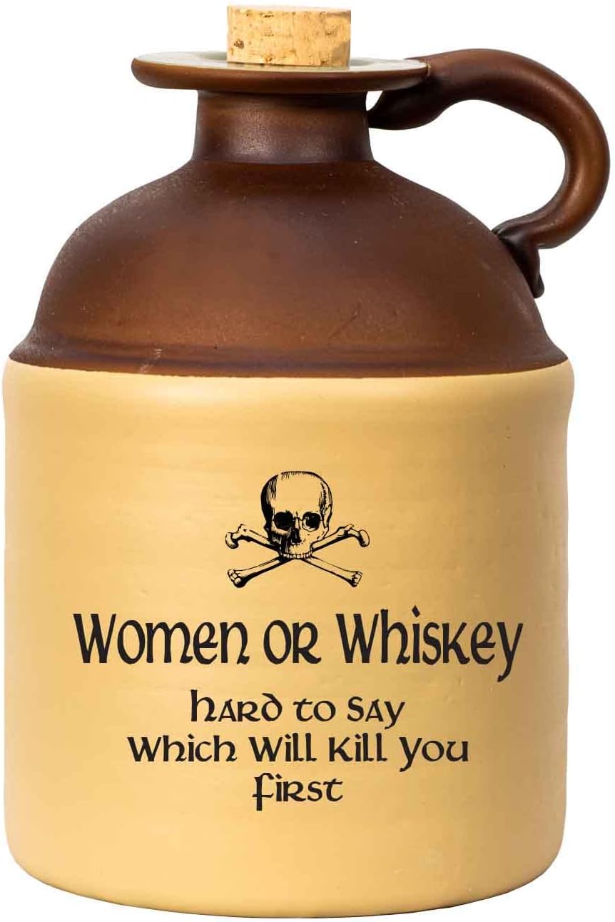 Glass Moonshine Jug (750ml, 0.2 gal) - 'Women or Whiskey. Hard to Say Which Will Kill You First!' - Authentic Engraved Whiskey Decanter Bottle with Finger Ring & Cork Stopper (B164)